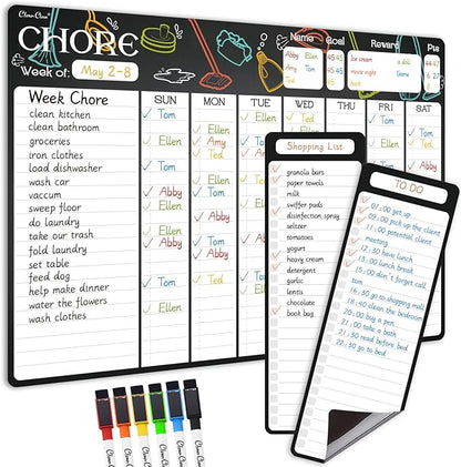 Magnetic Dry Erase Chore Chart - 17"x12" Dry Erase Chore Board for Kids, Teens, Adults - 4"x12" List Board 2 Pcs - 6 Extra Fine Point Markers Included - Shipped Flat