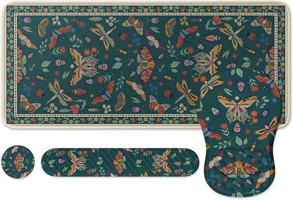 iLeadon Desk Pad Mat for Keyboard and Mouse,4in1 Green Large Mouse Pads Set for Desk,Ergonomic Wrist Rest for Computer Keyboard,Cup Coaster with Non-Slip Rubber Base for Home Office,Dark Green Insect