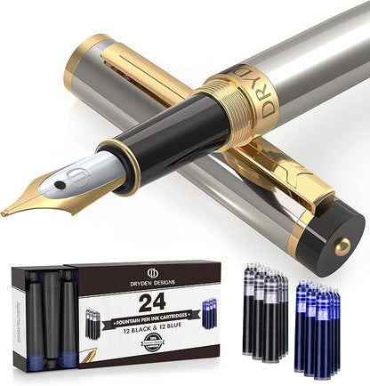 Dryden Designs Fountain Pen Medium Nib Gift Pouch - with 24 Ink Cartridges - MCM (Metallic Silver)
