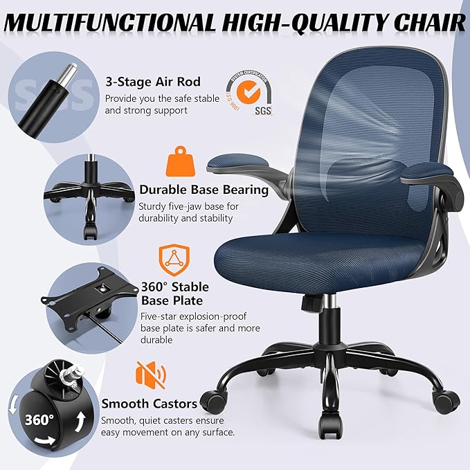 Office Chair Ergonomic Desk Chair with Adjustable 3D Lumbar Support and Height, Comfy Mesh Computer Chair with Flip-up Armrests, Swivel Rolling Task Chair with Wheels for Home Office (Navy)