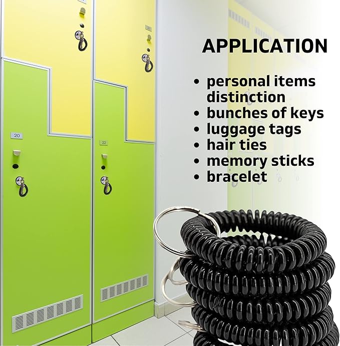 25PCS Keychain Wristlet Wrist Keychain Wristband Elastic Stretchable Spiral Bracelet Key Hook Key Holder for Gym Pool Spring Spiral Coil Black