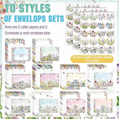 TaoBary 160 Packs Stationery Paper Set (50 Double Sided Stationery Writing Papers 50 Matching Envelopes) 60 Round Dot Sticker, 10 Design(Wildflower,5.5 x 8.25 Inch)