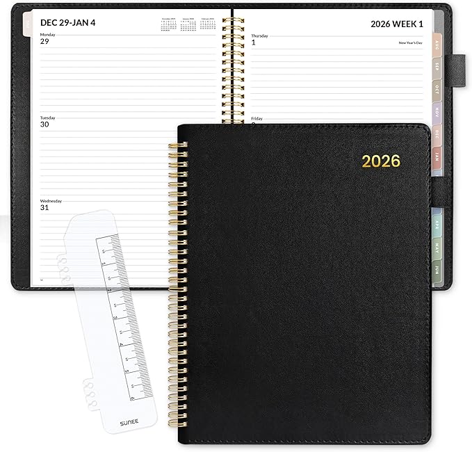 SUNEE 2026 Weekly & Monthly Planner 9"x11.2"- 12 Month (January 2026 - December 2026), Vegan Leather Cover, Pocket, Bookmark, Notes, Monthly Tab, Black