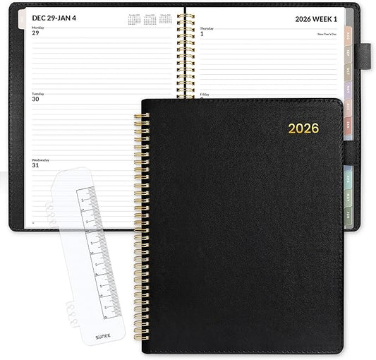 SUNEE 2026 Weekly & Monthly Planner 9"x11.2"- 12 Month (January 2026 - December 2026), Vegan Leather Cover, Pocket, Bookmark, Notes, Monthly Tab, Black