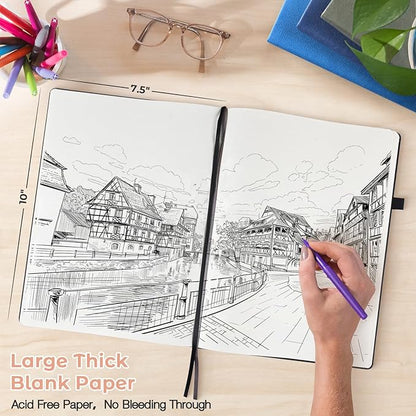 Blank Notebook, Hardcover Sketch Book, 8.5 x 11 Large Blank Journal, No Bleed Thick Paper Sketchbook for Drawing, Unlined Notebook Journal for Women Men School, A4 Leather Sketchbook, Lay Flat, Pink