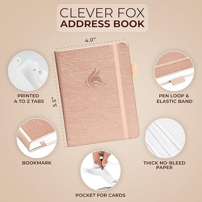 Clever Fox Address Book with alphabetic tabs - PU Leather Telephone and Address Book for Keeping Contacts Safe, Contact Organizer Journal, Small Size (4.0″ x 5.5″), Hardcover, Rose Gold