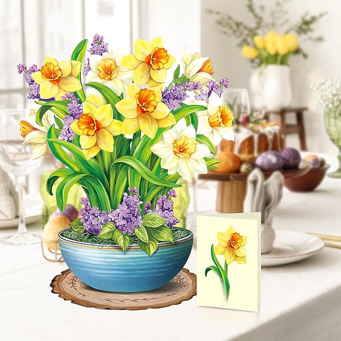 Airpark Pop Up Cards, 12‘’ English Daffodils, Paper Flowers Bouquet 3D Popup Greeting Cards with Blank Note Card and Envelope for Birthday, Get Well Cards Gifts for Women Her