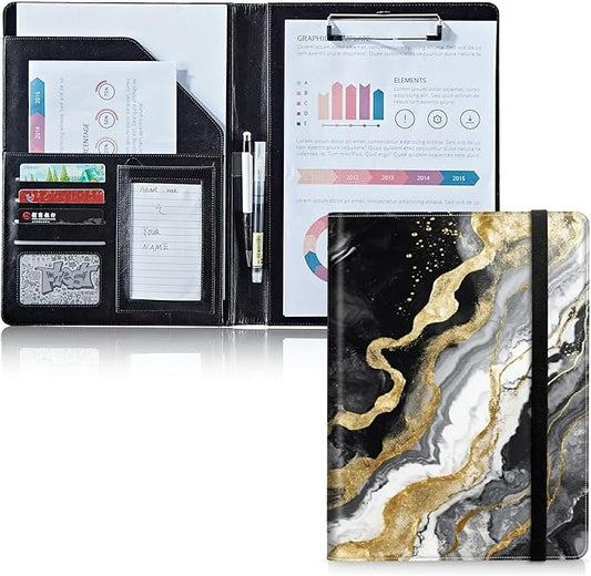 Padfolio Folder with Clipboard,Portfolios Organizer Clipboards with Storage Clipboard Writing Pad PU Leather Conference Document Organizer with Business Card Holder,Black Gold Marble