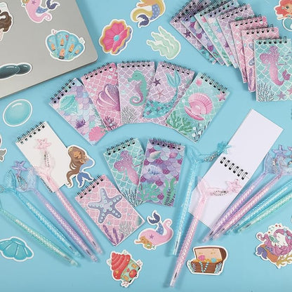 LiYiQ 148 Pcs Mermaid Mini Spiral Notepads Mermaid Pens Stickers Set for PET Birthday Classroom School Reward Gift Prizes Goodie Bags Stuffers
