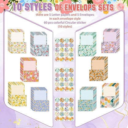 TaoBary 160 Packs Stationery Paper Set (50 Double Sided Stationery Writing Papers 50 Matching Envelopes) 60 Round Dot Sticker, 10 Design(Kawaii,5.5 x 8.25 Inch)