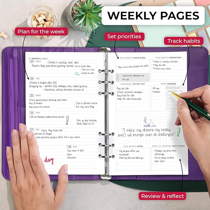 Clever Fox Weekly Planner Binder – Goal Setting Planner for Time Management & Weekly Tasks – Work & Life Organizer with to Do List & Habit Tracker – Undated, 7″ x 9″ Hardcover (Purple)
