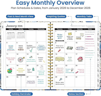2026 Planner, Weekly and Monthly Planner for Women, January 2026 to December 2026, Pretty Hardcover 2026 Calendar Planner Book with Tabs, Inner Pocket, Spiral Bound, Perfect Office Home School Supplies - 6.3" x 8.5", Azure Garden