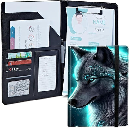 Wolf Padfolio Folder with Clipboard,Portfolios Organizer Clipboards with Storage Clipboard Writing Pad PU Leather Conference Document Organizer with Business Card Holder