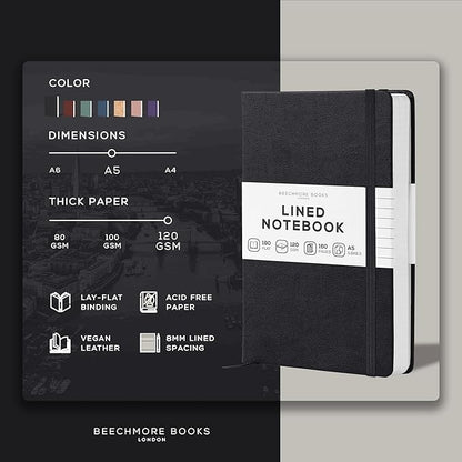 BEECHMORE BOOKS Lined Journal Notebook, 5.8 x 8.3 inch, A5 160 Lined Pages, Hardcover Leather Journals for Women, Men, Writing and Notebooks for Work - 120 GSM Thick Paper, Gifts Box Included