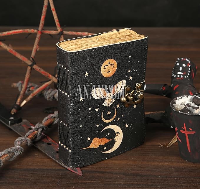 Handmade Leather Journal, Black, Sun & Moon Design, 8 x 6 Inch, 200 Unruled Pages, Hand Embossed, Deckle Edge Paper, Brass Clasp Lock, Vintage Notebook Diary, Sketchbook for Artists & Writers
