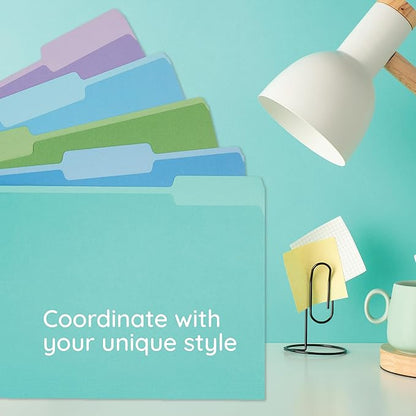 100 Blue Summit Supplies Colored File Folders - Ocean Tone Colors, 1/3 Cut Tabs, Letter Size, 11pt Durable Paper, Decorative Colored File Folders for Files, 100 Pack