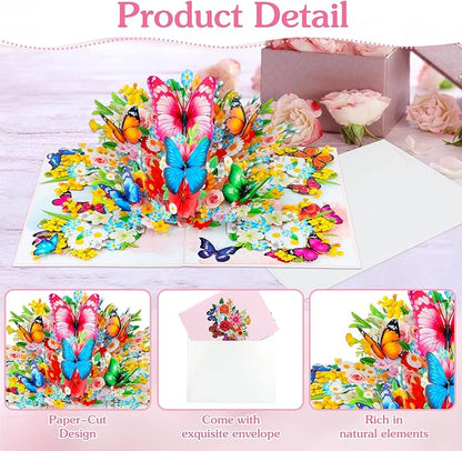 D4DREAM 3D Floral Butterfly Card for Women - Mothers Day Butterfly Pop Up Card Mothers Day Greeting Cards with Envelope Flowers Pop Up 3D Birthday Gift for Her Wife Mom Grandma