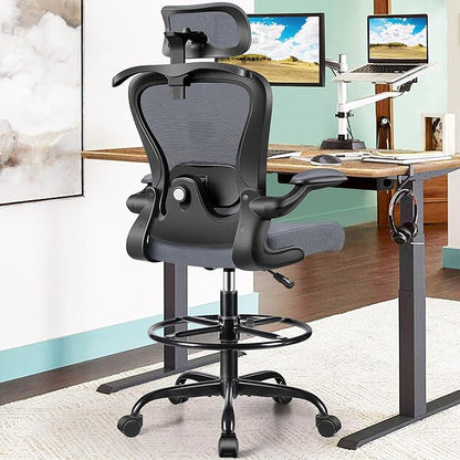 Drafting Chair, Tall Office Chair with 3D Lumbar & Head Support, Ergonomic Mesh Standing Desk Chair with Footring, Comfy Extended High Desk Chair with Flip-Up Arms & Hanger (Dark Gray)