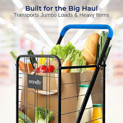 SereneLife Utility Shopping Supermarket Cart, 360 Rolling Swivel Front Wheels, Collapsible Utility Cart, Heavy Duty, Portable, 3.5" D x 19.5" W x 38" H, Large Capacity 110 lbs, Luggage, Laundry, Blue