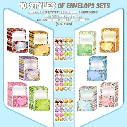 TaoBary 160 Packs Stationery Paper Set (50 Double Sided Stationery Writing Papers 50 Matching Envelopes) 60 Round Dot Sticker, 10 Design(Flower,8.5 x 11 Inch)