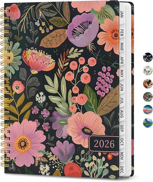 2026 Planner, Weekly and Monthly Planner for Women, January 2026 to December 2026, Pretty Hardcover 2026 Calendar Planner Book with Tabs, Inner Pocket, Spiral Bound, Perfect Office Home School Supplies - 6.3" x 8.5", Nocturne Floral