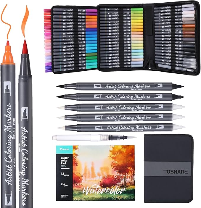 Watercolor Pens Set, 72-Color Dual Tip Paint Markers, Water-Based Coloring Markers with 1 Aquapen, 3 Colorless Blenders, 2 Black Markers, and 12-Page Pad, Art Supplies for Artists and Beginners