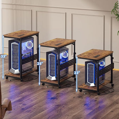 Computer Tower Stand with Power Strips, Height Adjustable PC Tower Stand/Cart with Wheels, Mobile Rolling CPU Holder, Computer Cart Side Stand for Computer Desk, 24", Rustic Brown