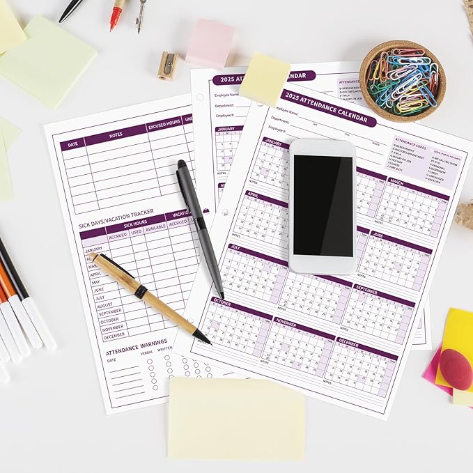 ReliThick 50 PCS 2025 Attendance Calendar Card Stock Paper 2025 Attendance Sheets for 3 Hole Binder Employee Record Folders for Manager, HR, Store Location Managers(Purple)