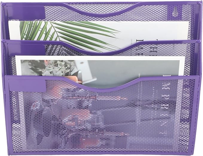 EASEPRES 3 Pocket Mesh Hanging Wall File Organizer, Wall Mounted Mail Paper Document Folder Holder, Clipboard Storage Organization Magazine Rack with Nametag Label for Office School Home, Purple