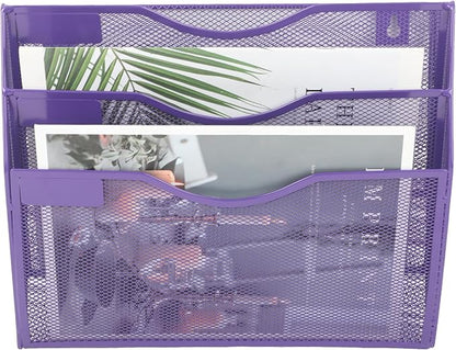 EASEPRES 3 Pocket Mesh Hanging Wall File Organizer, Wall Mounted Mail Paper Document Folder Holder, Clipboard Storage Organization Magazine Rack with Nametag Label for Office School Home, Purple