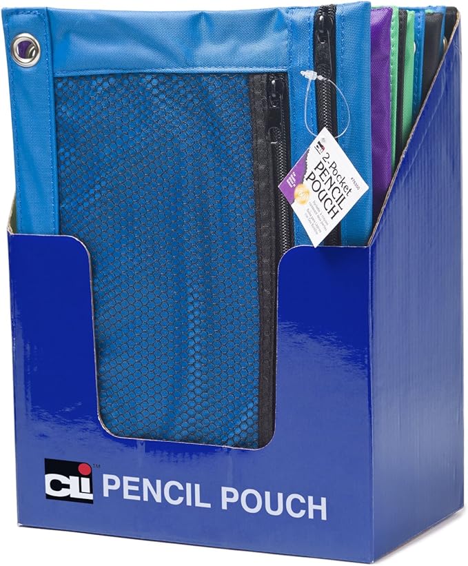 Charles Leonard Pencil Pouch for Binder with 2 Pockets, Front Mesh Pocket, Assorted Colors, Includes 24 Pouches (76350-ST)