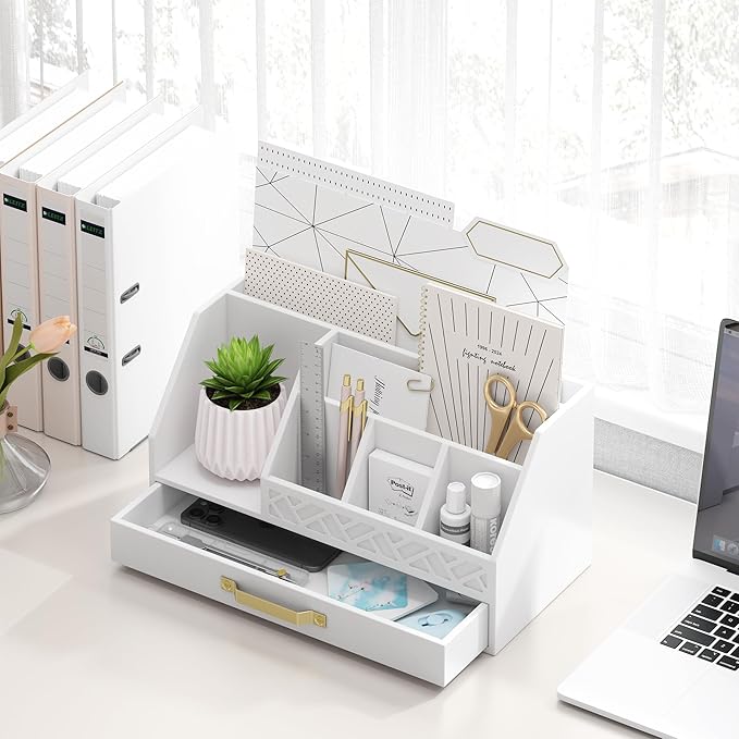 Bamboo Desk Organizer with Drawers, Mail Organizer Countertop Wood Desk Drawer Tabletop Storage Organization Pen Holder Letter Sorter Makeup Organizer for School Home Office (White)