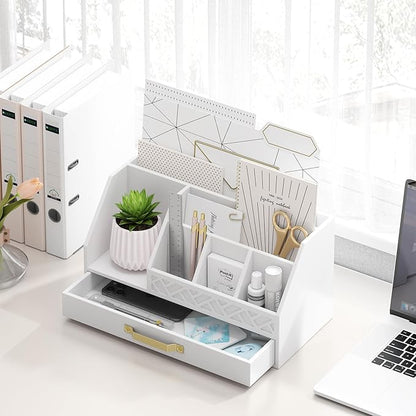 Bamboo Desk Organizer with Drawers, Mail Organizer Countertop Wood Desk Drawer Tabletop Storage Organization Pen Holder Letter Sorter Makeup Organizer for School Home Office (White)
