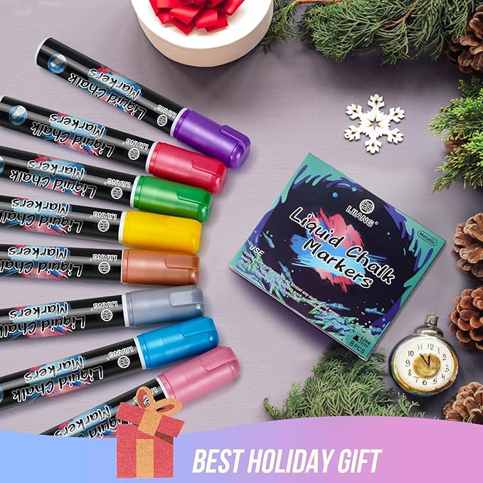 Window Chalk Markers Washable, Metallic 8 Colors Jumbo Chalk Marker Car Glass Erasable, Liquid Chalk Pens with 10mm Thick Tips for Chalkboard, Windows, Glass, Mirror, Auto, Poster, Bistro, Cars of DIY