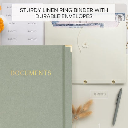 Aesthetic Document Organizer - Sturdy Linen 3-Ring Binder Safely Stores All Your Important Documents and Files in One Place - Easy to Use Expanding Storage Folder Incl. Envelopes, Pockets & Labels