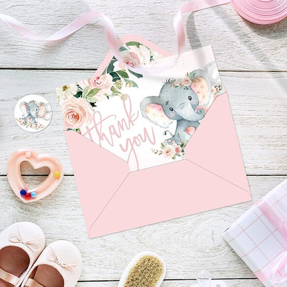 Whaline 24 Pack Baby Shower Thank You Cards Elephant Flower Greeting Cards with Envelopes Stickers Pink Floral Animal Blank Note Cards for Birthday Party Invitation Supplies, 4 x 6 Inch