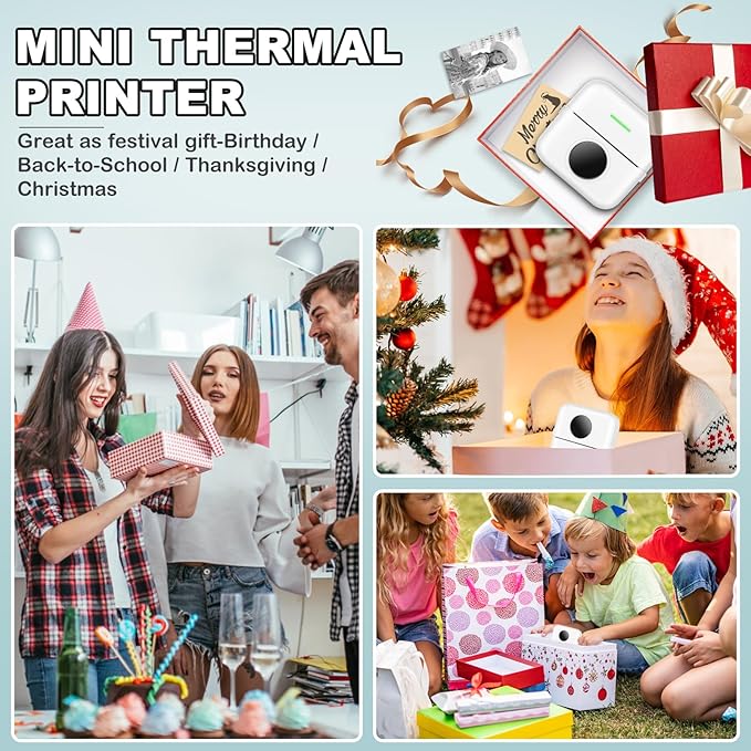 Mini Thermal Printer, Inkless Sticker Printer with 10 Rolls Printing Paper for Android or iOS APP, Portable Bluetooth Printer, Mini Pocket Printer for Journal, Notes, Kids Gift, Receipts