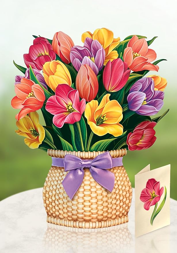 Freshcut Paper Pop Up Cards, Festive Tulips, 12 Inch Life Sized Forever Flower Bouquet 3D Popup Greeting Card, Birthday Cards, Thank You Card, Blank Notecard & Envelope