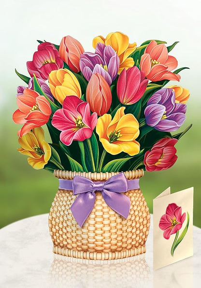 Freshcut Paper Pop Up Cards, Festive Tulips, 12 Inch Life Sized Forever Flower Bouquet 3D Popup Greeting Card, Birthday Cards, Thank You Card, Blank Notecard & Envelope