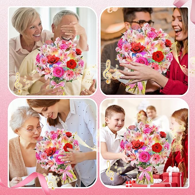 XTF2015 Paper Pop Up Bouquet Birthday Cards, Mother's Day Flower Cards, Anniversary Greeting Cards Flower Bouquet Card with Music and Lights Pink Lily Daisy, Holiday Mother's Day Birthday Decoration Gift Card