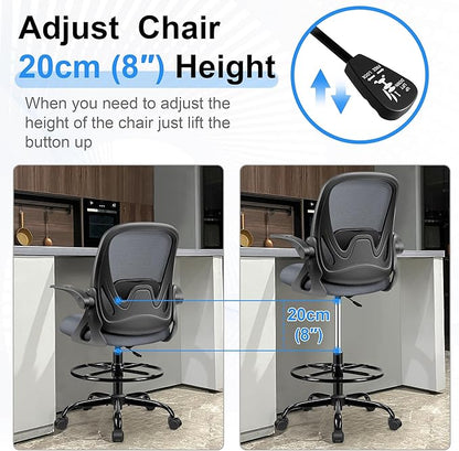 Drafting Chair Tall Office Chair with Flip-up Armrests, Adjustable Height, Enhanced Lumbar Support Ergonomic Rolling Stool, Back Support, Adjustable Foot Rest Ring for Standing Desk Dark Gray