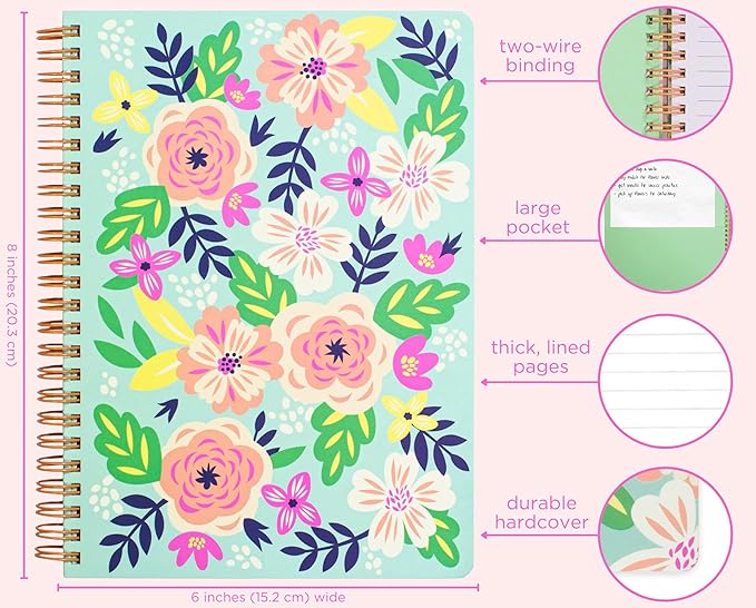 Steel Mill & Co Cute Green Mini Spiral Notebook, 8.25" x 6.25" Journal with Durable Hardcover and 160 Lined Pages, Mint Floral