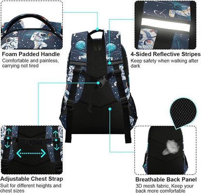Laptop Backpack with Chest Strap, Astronauts and Space Motifs School Backpack, Travel Hiking Backpack for Boys Girls Teen Adult, Rucksack, Knapsack