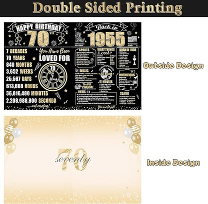 Large 70th Birthday Card With Envelope for Men Women, 1955 Black Gold Happy 70th Birthday Giant Guest Signature Book Gifts, Big Vintage 1955 70th Greeting Card Decoration Party Supplies