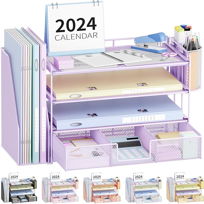 Desk Organizers and Accessories, Paper Letter Tray File Organizer with Drawer and 2 Pen Holder, Classroom Office Supplies Decor Desk Accessories Workspace Desktop Organizer for Women(Purple)