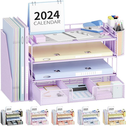 Desk Organizers and Accessories, Paper Letter Tray File Organizer with Drawer and 2 Pen Holder, Classroom Office Supplies Decor Desk Accessories Workspace Desktop Organizer for Women(Purple)