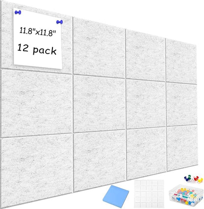 Large Cork Board Alternative for Walls, 47"x35" 12 Pack Felt Wall Tiles Bulletin Board with 30 Push Pins, Sticky Notes, Cork Boards for Office Pin Board Tack Board Felt Boards (Light Gray)