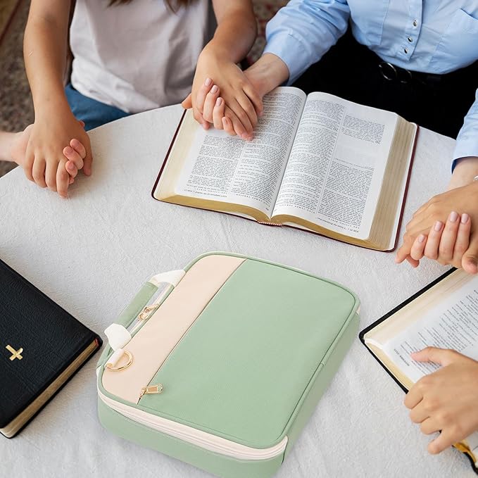 Bible Cover Case for Women, Carrying Bible Case with Zippered Pocket and Handle for Bible Accessories Supplies, Green Bible Bag with Shoulder Strap/Detachable Pen Slot for Ladies and Girls