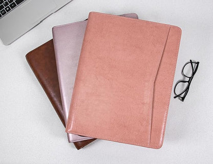 Calfinder Leather Padfolio for Women, Professional Vegan Leather Resume Zippered Portfolio Folder, Business Portfolio Organizer with A4/US Letter Writing Pad Holder, Gift for Women/Girls, Pink
