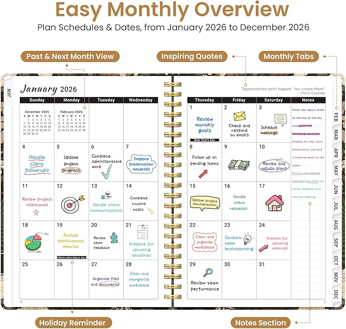 2026 Planner, Weekly and Monthly Planner for Women, January 2026 to December 2026, Pretty Hardcover 2026 Calendar Planner Book with Tabs, Inner Pocket, Spiral Bound, Perfect Office Home School Supplies - 6.3" x 8.5", Wild Rose